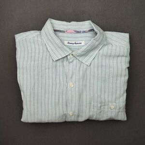 Tommy Bahama Shirt Mens Large Blue Stripe Linen Button Up Flip Cuff Islandzone